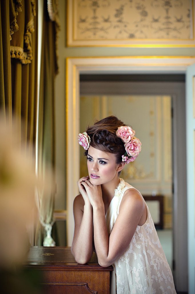 Sophie Porley. Floral hair with Hepburn Collection hair, Fairynuff Flowers blooms, Minna gown and Marianne Taylor photography.