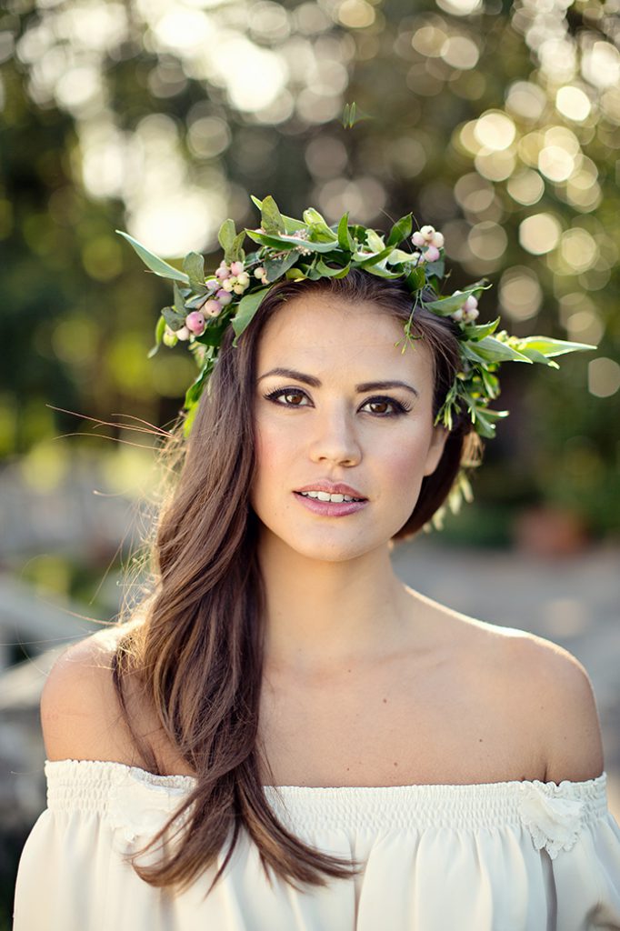 Sophie Porley. Floral hair with Hepburn Collection hair, Fairynuff Flowers blooms, Minna gown and Marianne Taylor photography.