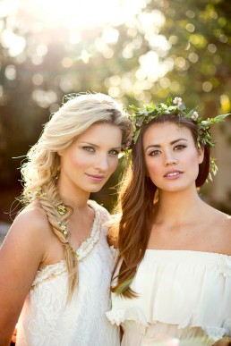 Tessa Maye & Sophie Porley. Floral hair with Hepburn Collection hair, Fairynuff Flowers blooms, Minna gown and Marianne Taylor photography.
