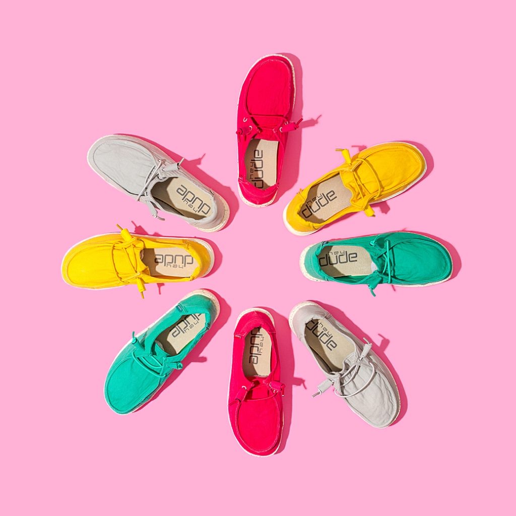 Colourful content creation for Hey Dude Shoes. Product photography & styling by Marianne Taylor.