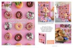 Pink doughnut wall featured in Mennaan Naimisiin magazine.