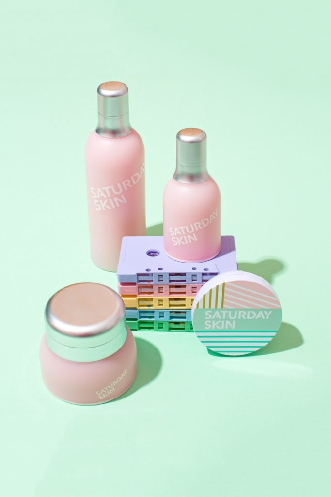 Retro pastel styled product photography for Saturday Skin by Marianne Taylor.