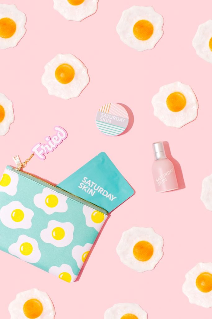 Retro pastel styled product photography for Saturday Skin by Marianne Taylor.