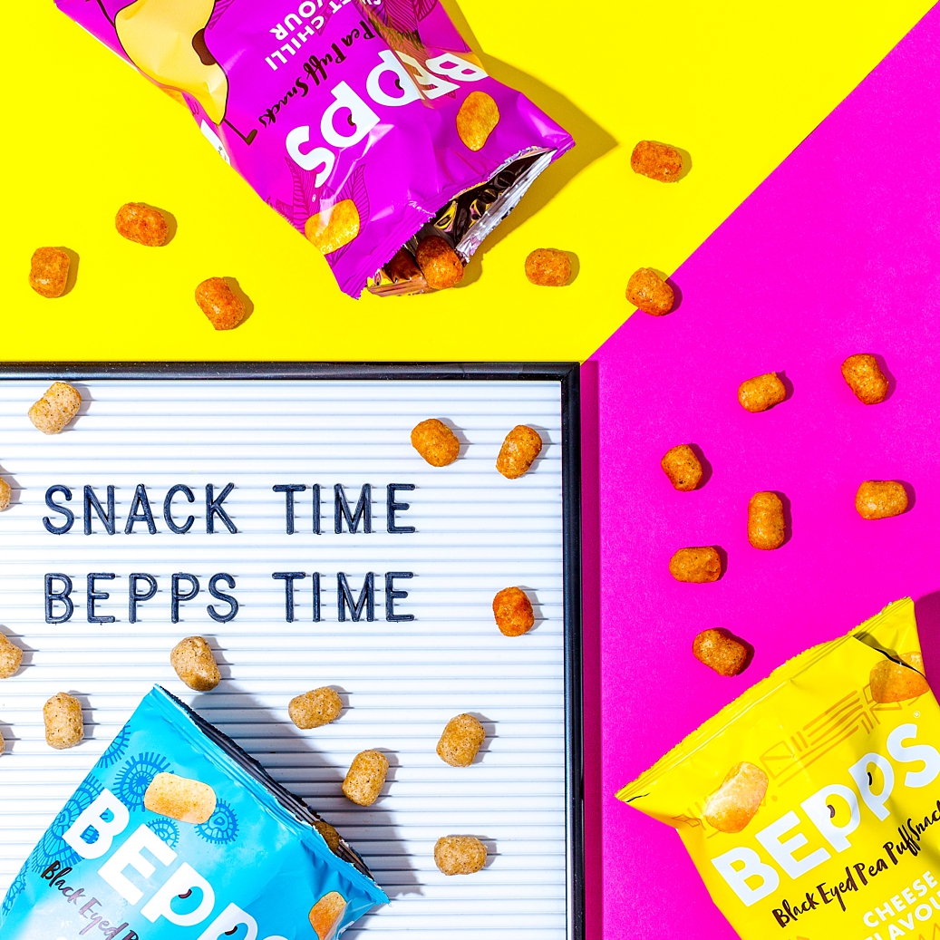 Colourful content creation for Bepps vegan snacks. Product photography & styling by Marianne Taylor.