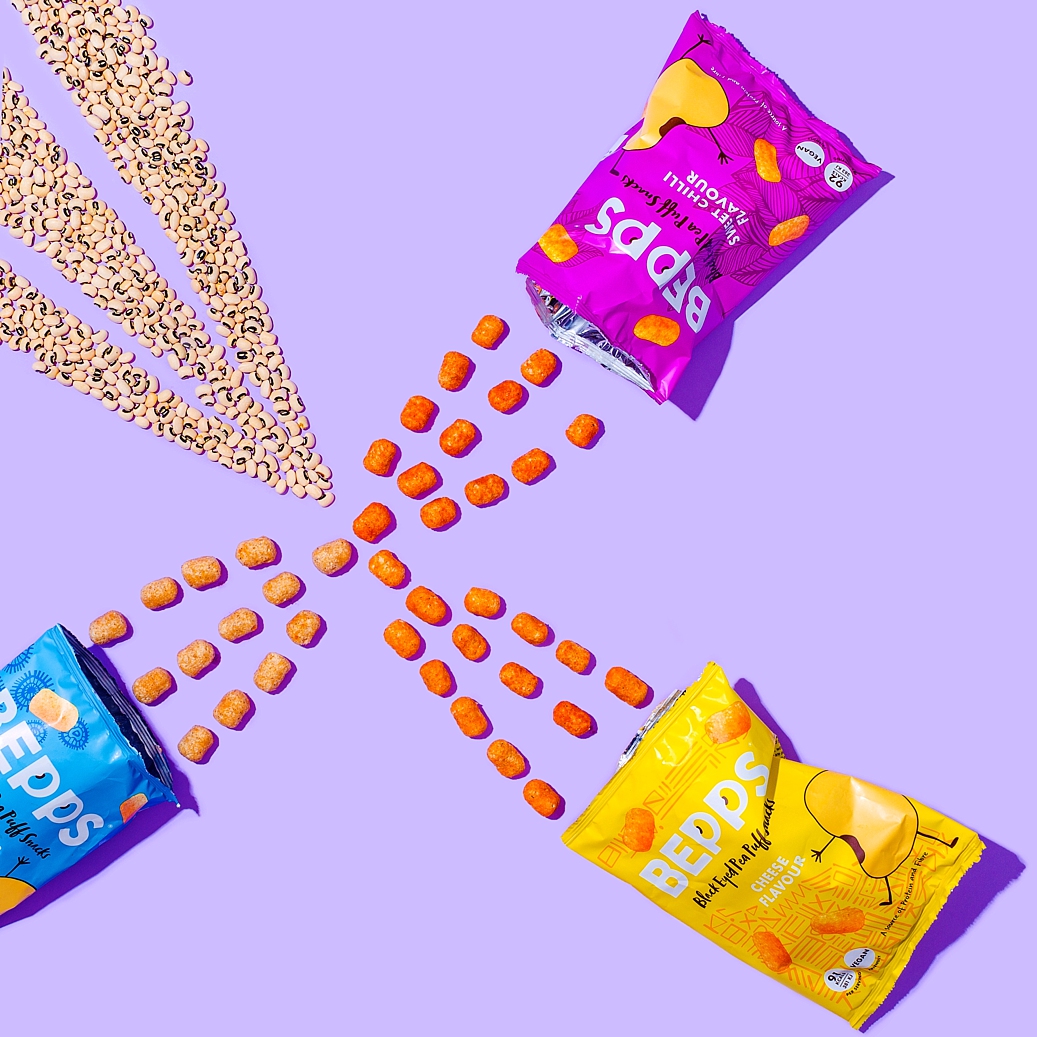 Colourful content creation for Bepps vegan snacks. Product photography & styling by Marianne Taylor.