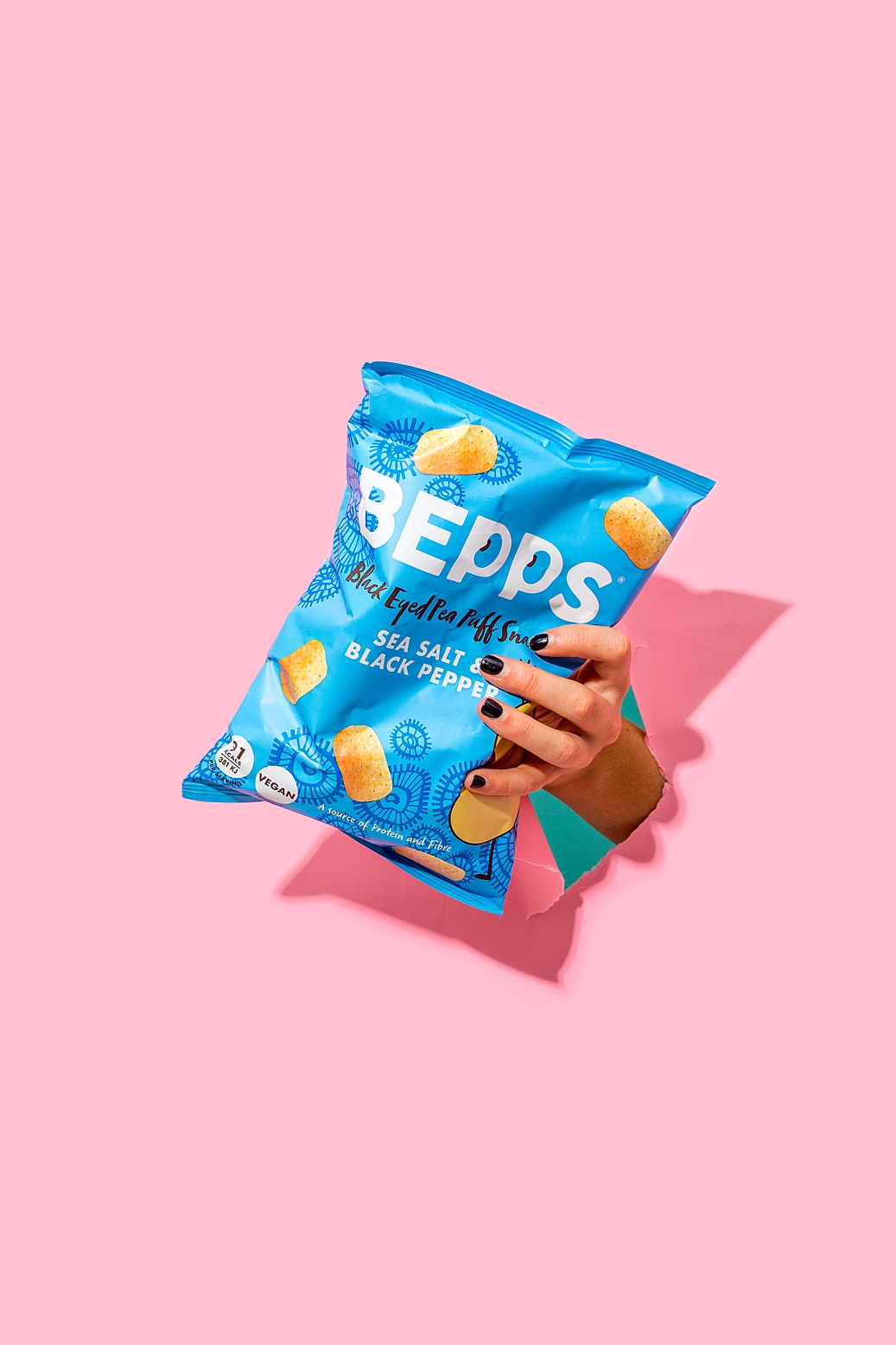 Colourful product photography and content creation for Bepps vegan snacks by Marianne Taylor.