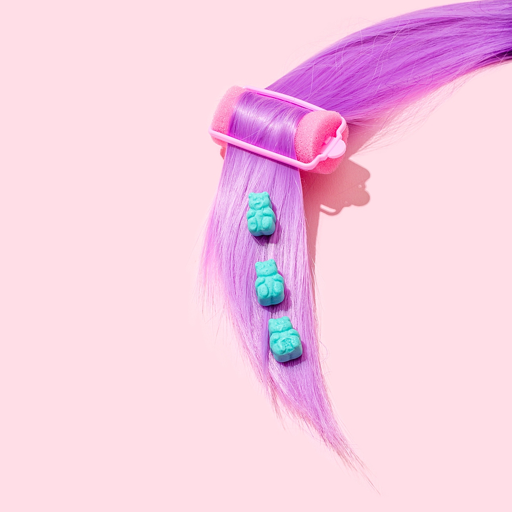 Colourful product photography and content creation for SugarBearHair by Marianne Taylor.