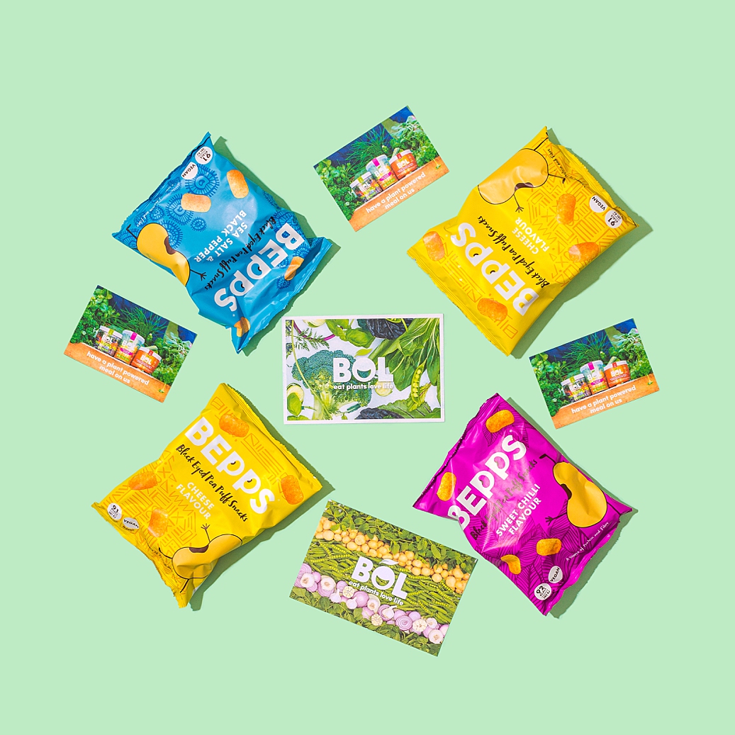 Colourful product photography and content creation for Bepps vegan snacks by Marianne Taylor.