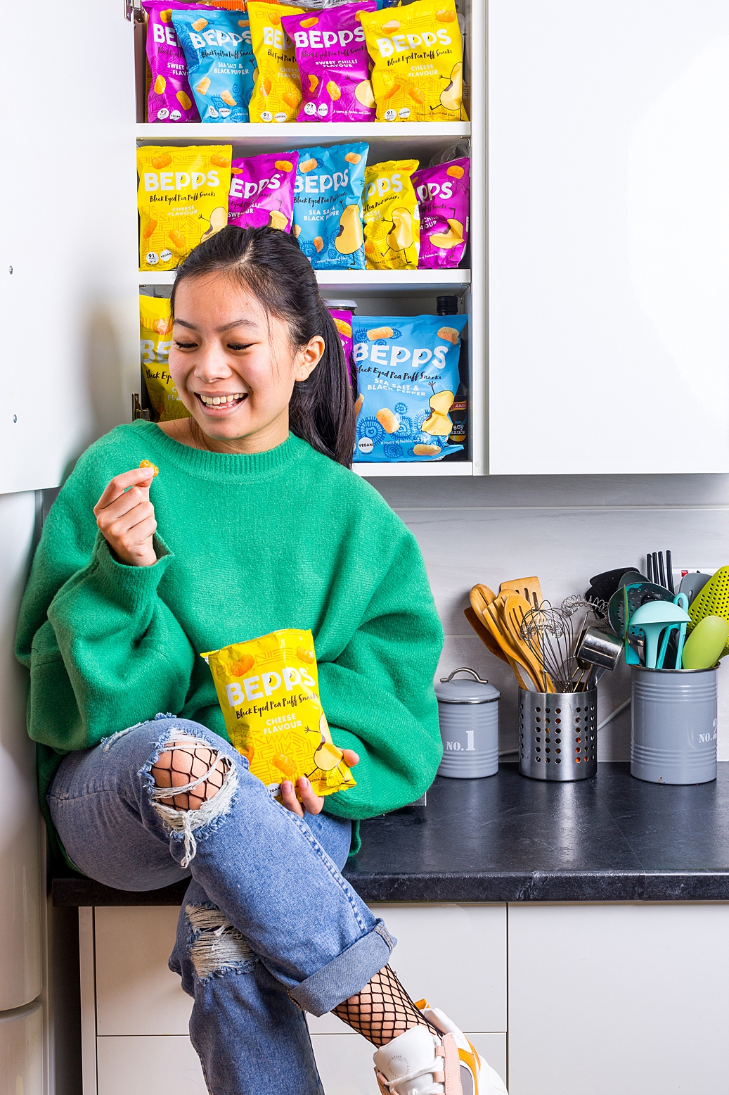 Colourful product photography and content creation for Bepps vegan snacks by Marianne Taylor.