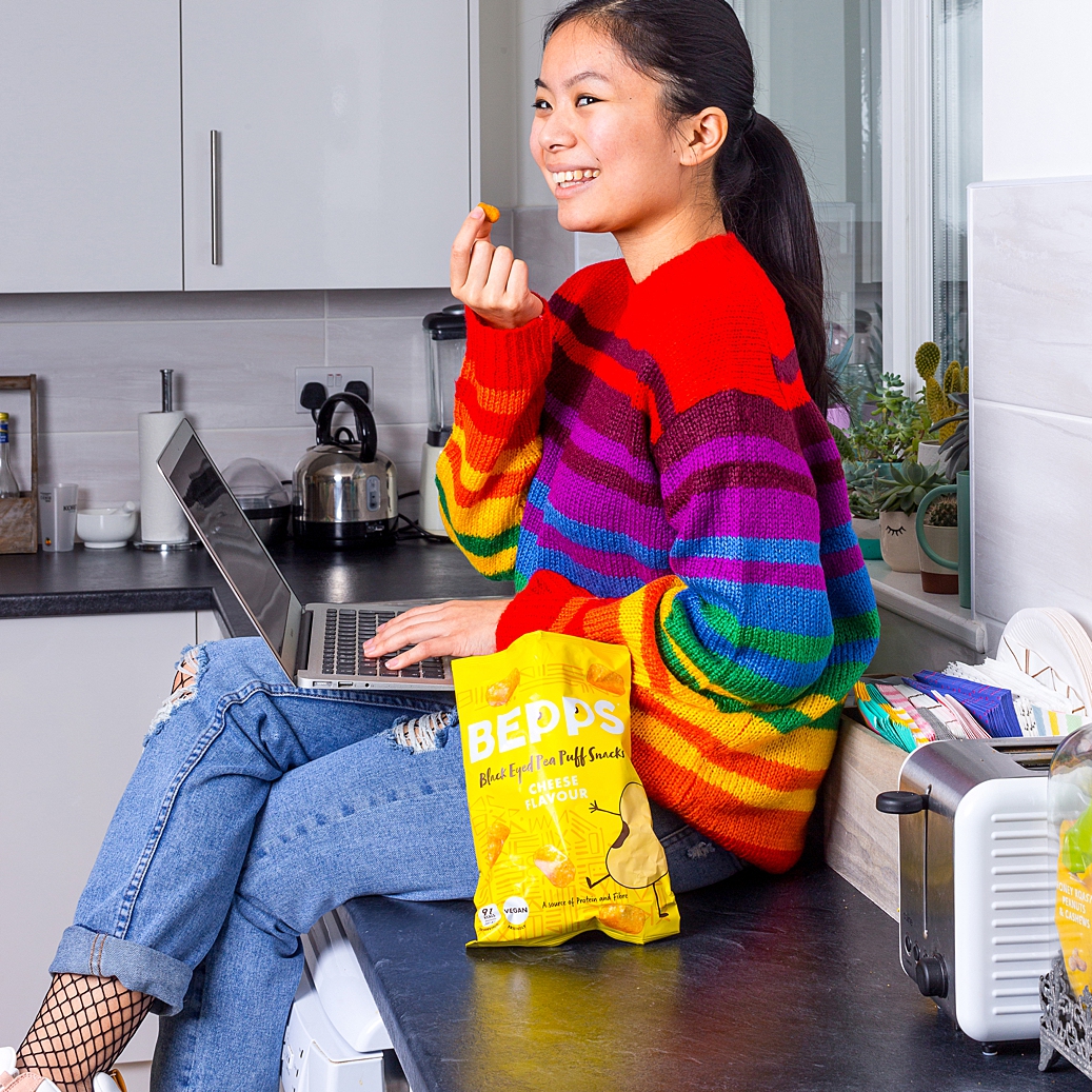 Colourful product photography and content creation for Bepps vegan snacks by Marianne Taylor.