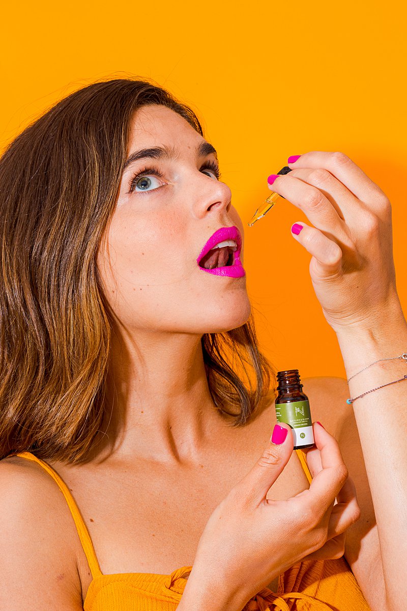 Colourful content creation for Nature & Bloom CBD oil. Styled stills and lifestyle product photography by Marianne Taylor.