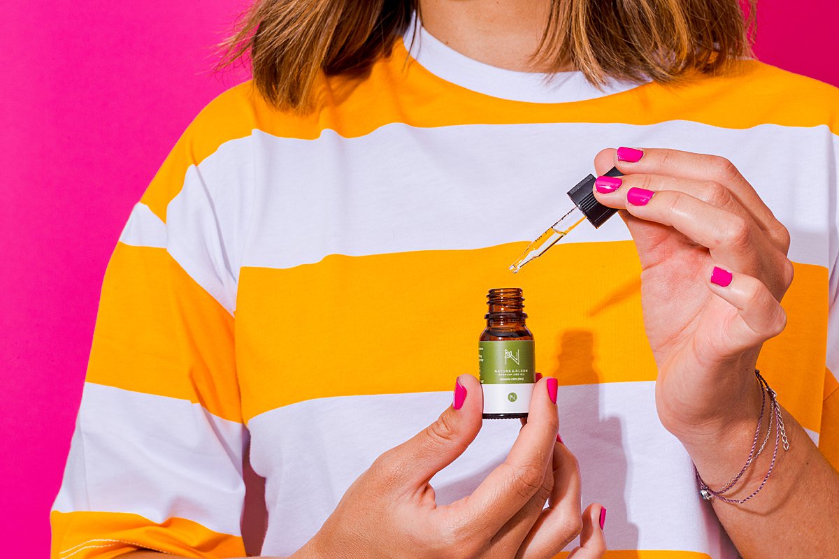 Colourful content creation for Nature & Bloom CBD oil. Styled stills and lifestyle product photography by Marianne Taylor.