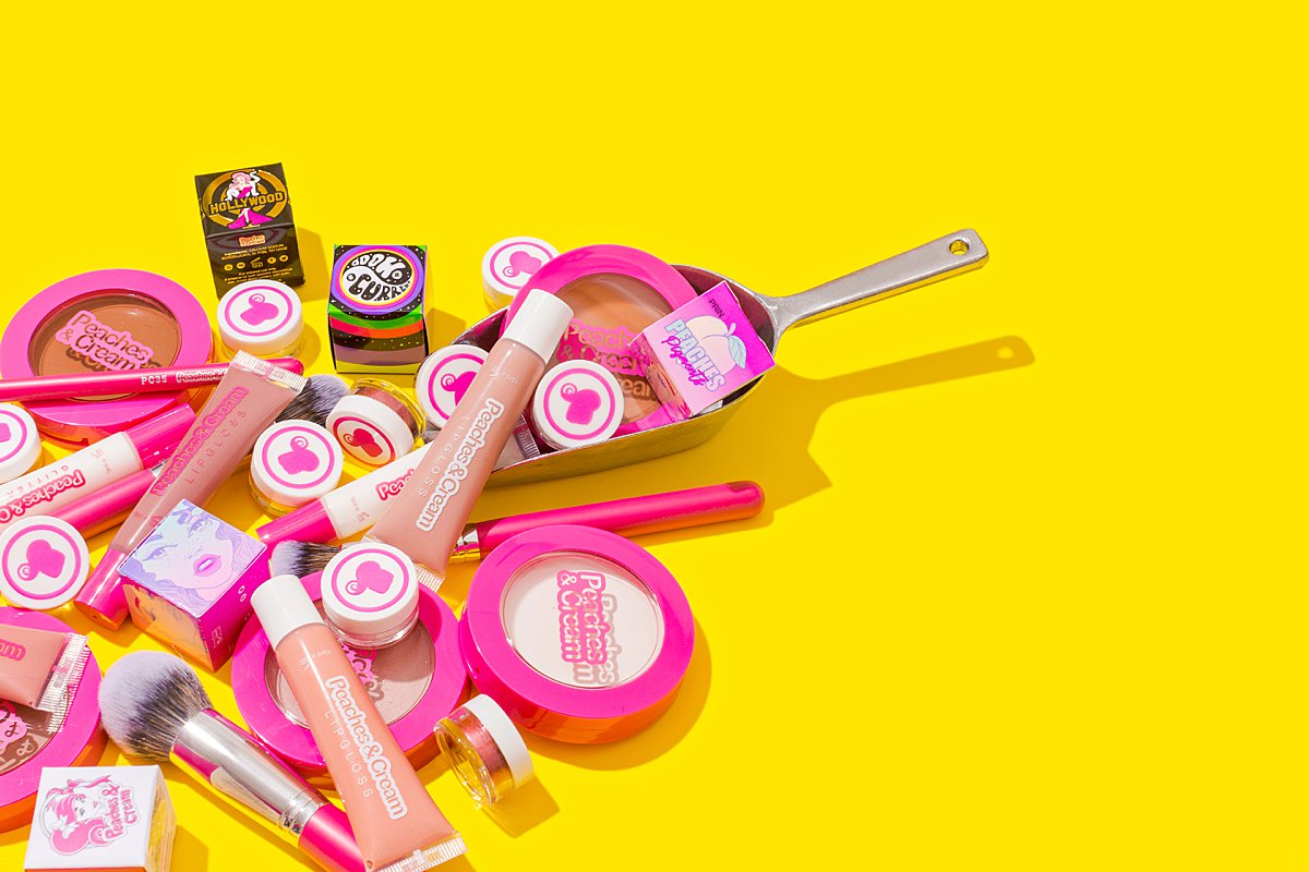 Colourful content creation for Peaches & Cream cosmetics. Styled stills product photography by Marianne Taylor.