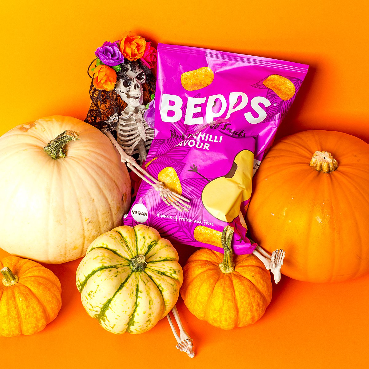 Colourful content creation for Bepps vegan snacks. Styled product photography by Marianne Taylor.