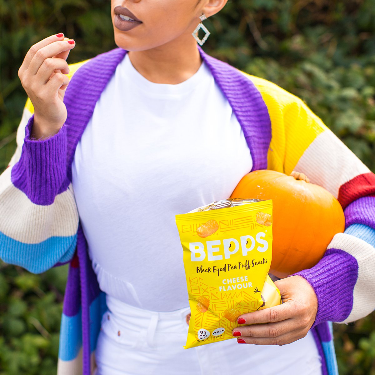 Colourful content creation for Bepps vegan snacks. Styled product photography by Marianne Taylor.