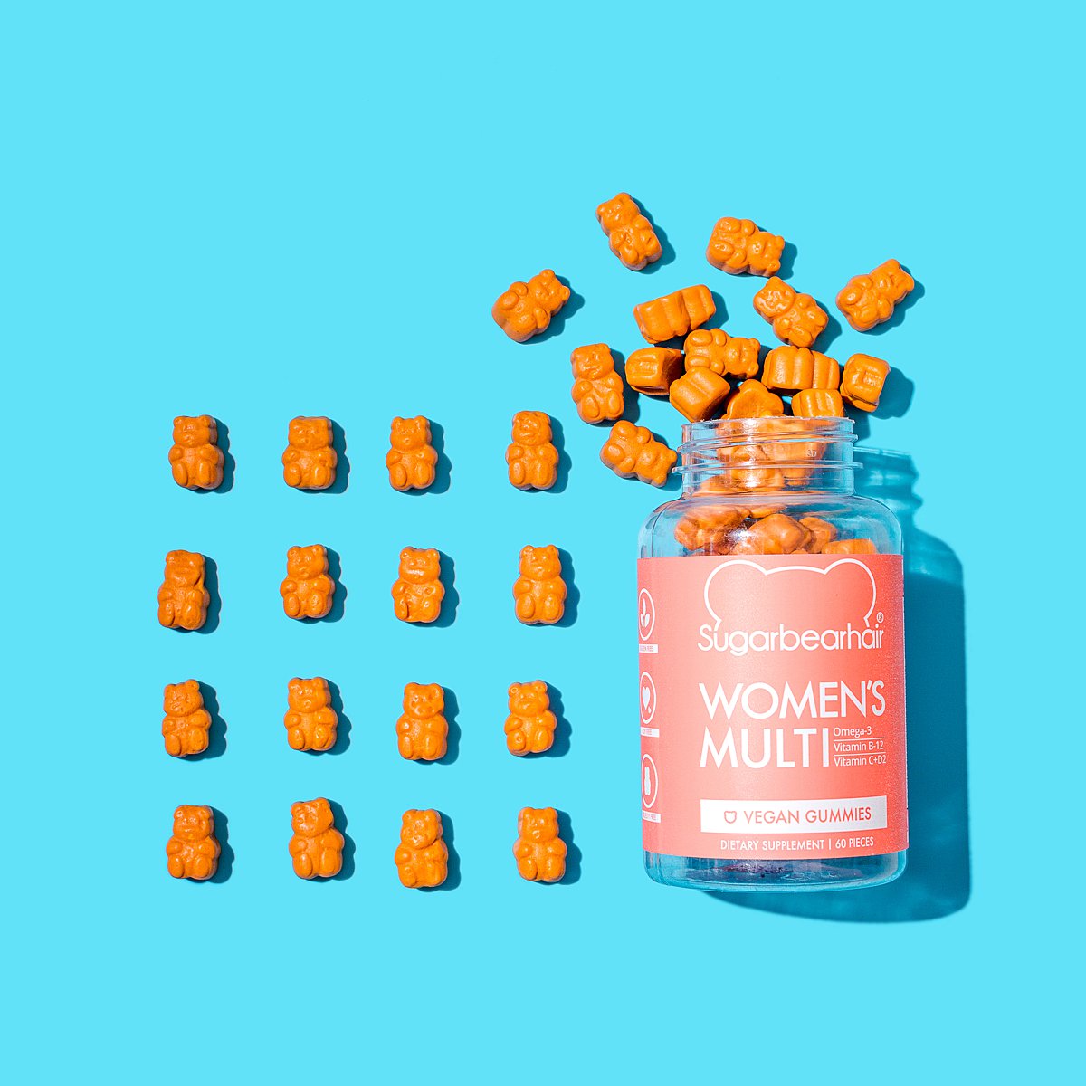 Colourful content creation for SugarBearHair vitamin supplements. Styled cosmetics product photography by Marianne Taylor.