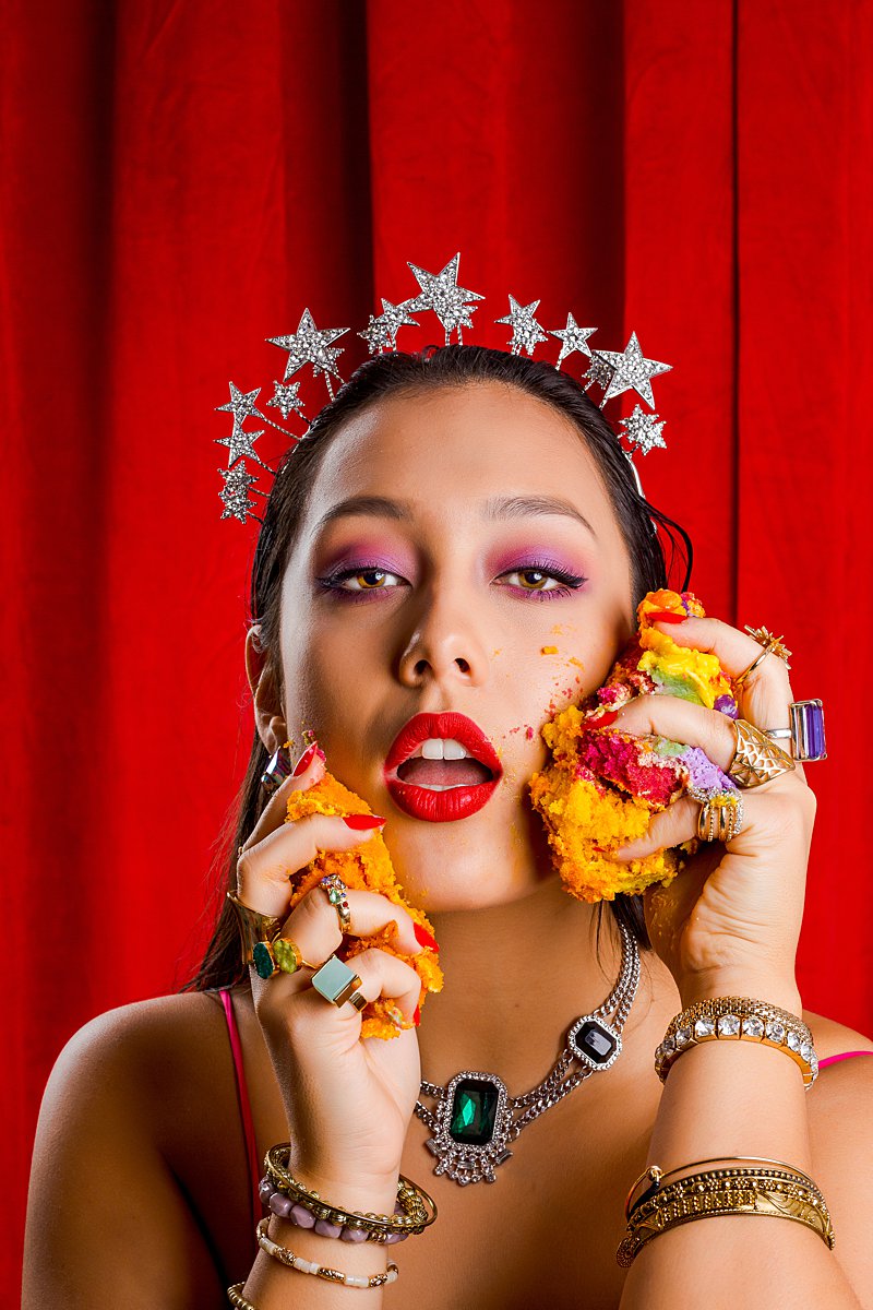 Colourful birthday cake beauty shoot. Styled editorial photography by Marianne Taylor.