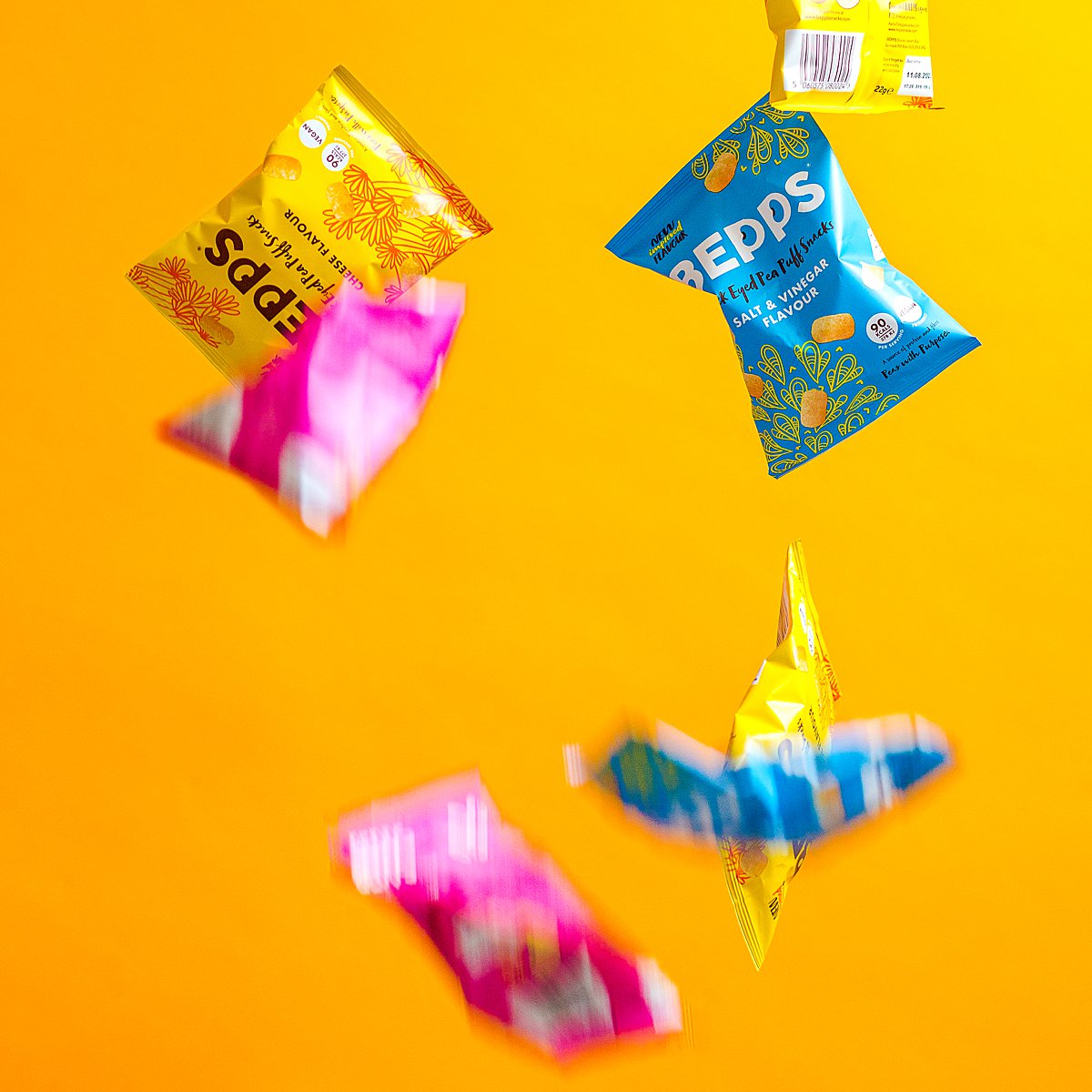 Colourful content creation for Bepps vegan snacks. Styled product and food photography by Marianne Taylor.