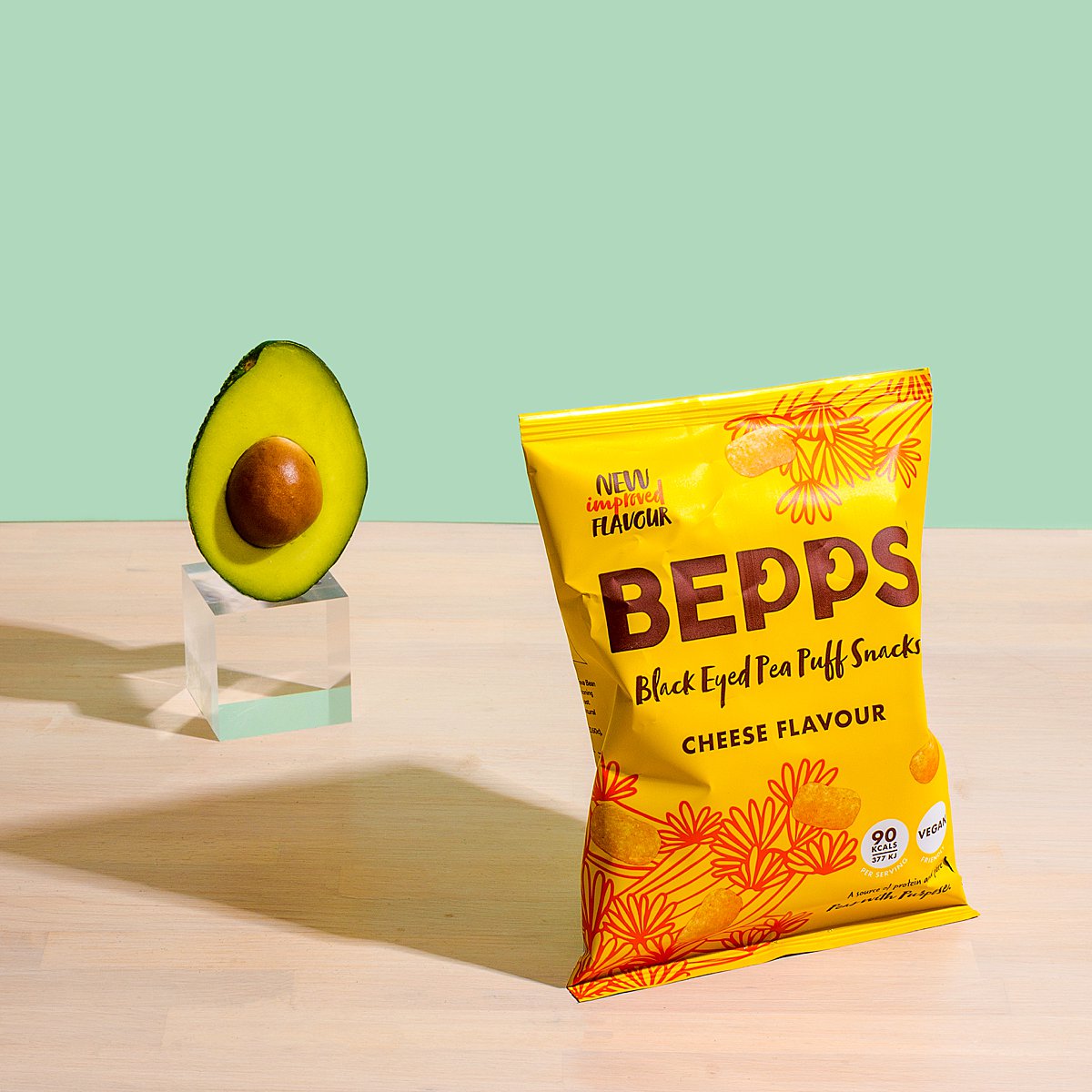 Colourful content creation for Bepps vegan snacks. Styled product and food photography by Marianne Taylor.