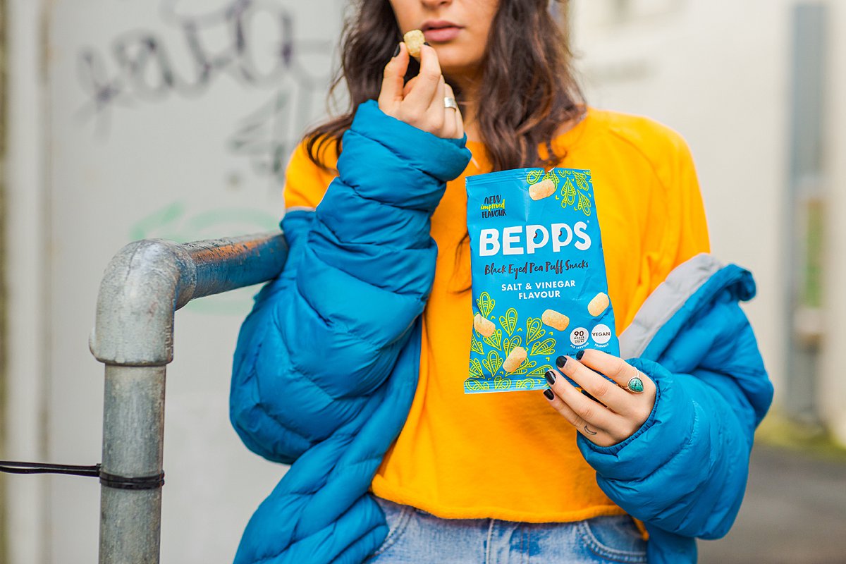 Colourful content creation for Bepps vegan snacks. Styled product and food photography by Marianne Taylor.