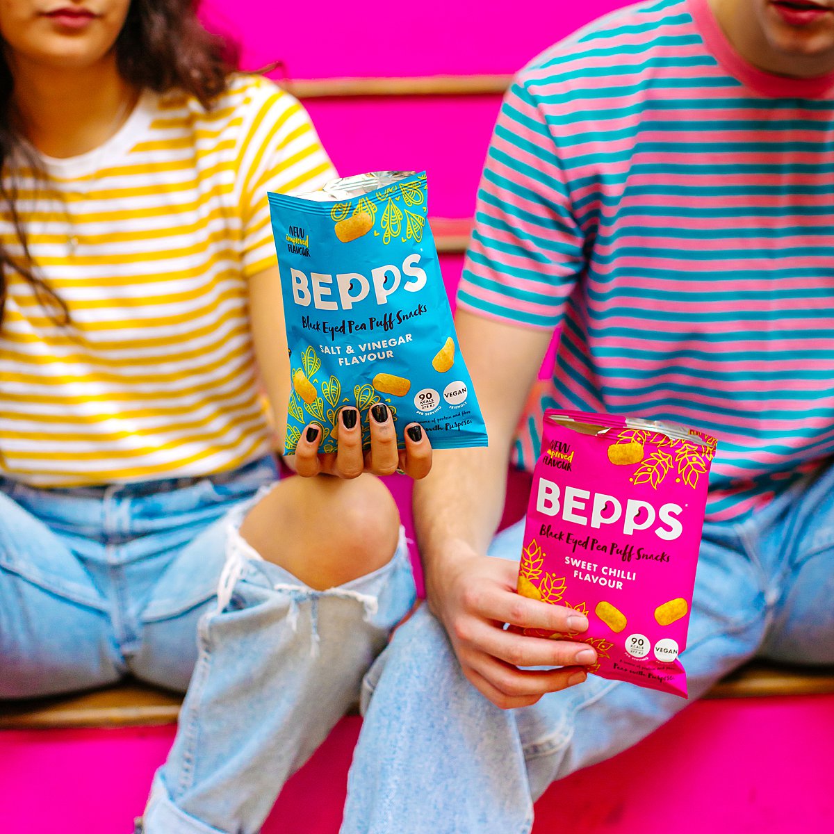 Colourful content creation for Bepps vegan snacks. Styled product and food photography by Marianne Taylor.