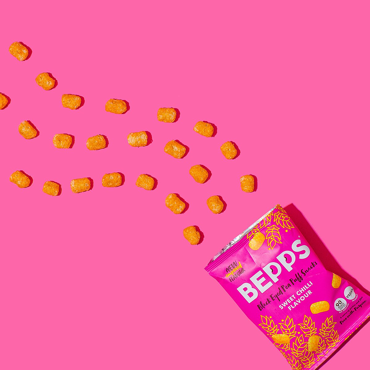 Colourful content creation for Bepps vegan snacks. Styled product and lifestyle photography by Marianne Taylor.