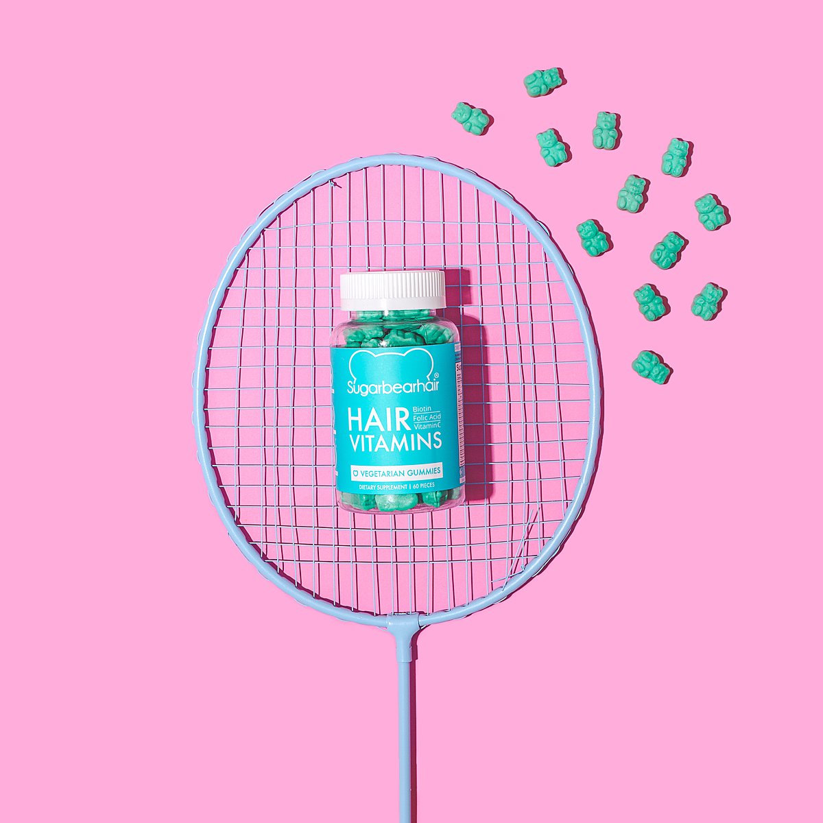 Colourful content creation for SugarBearHair vitamin supplements. Styled product photography by Marianne Taylor.