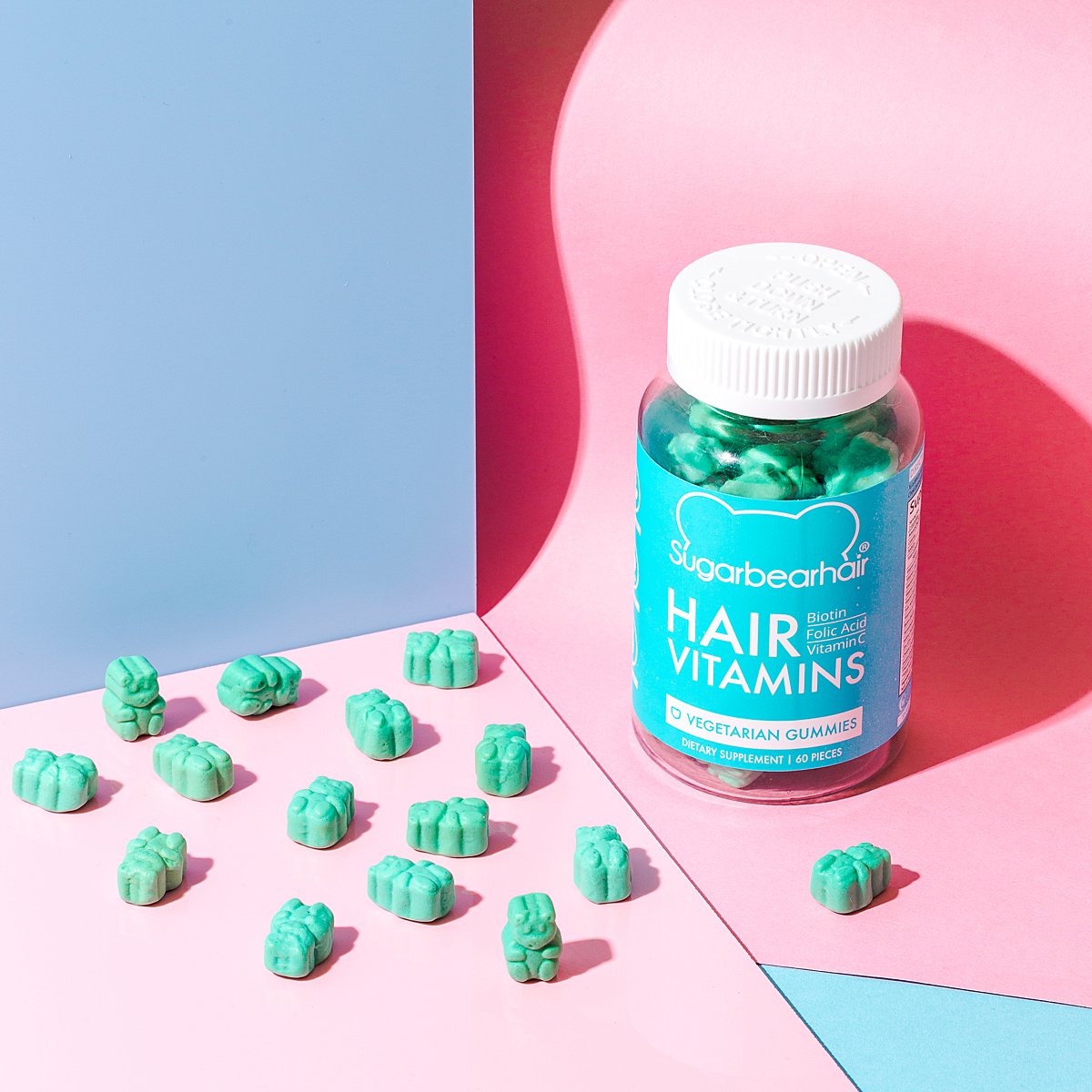 Colourful content creation for SugarBearHair vitamin supplements. Styled product photography by Marianne Taylor.