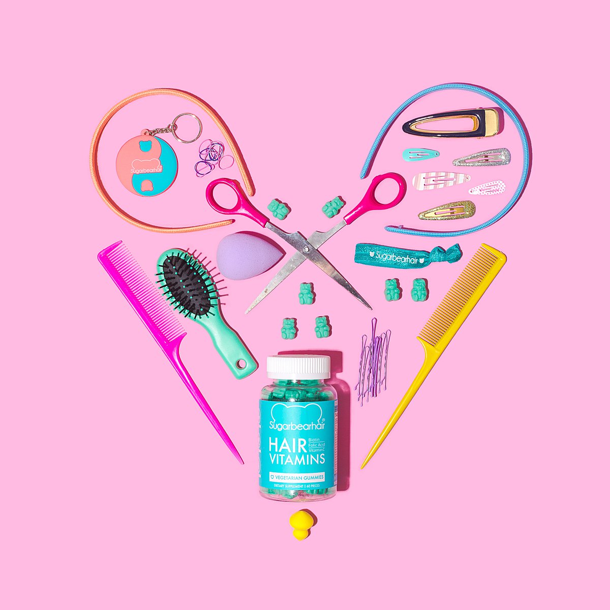 Colourful content creation for SugarBearHair vitamin supplements. Styled product photography by Marianne Taylor.