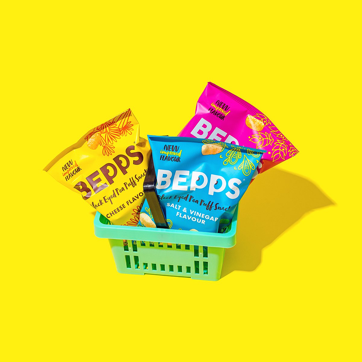 Colourful content creation for Bepps vegan snacks. Styled product stills and lifestyle photography by Marianne Taylor.