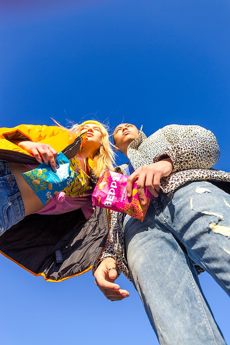 Colourful content creation for Bepps vegan snacks. Styled product stills and lifestyle photography by Marianne Taylor.