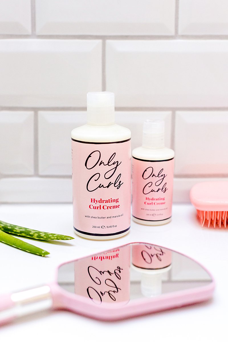 Product still life photography & content creation for Only Curls hair beauty products. Product photography & styling by Marianne Taylor.