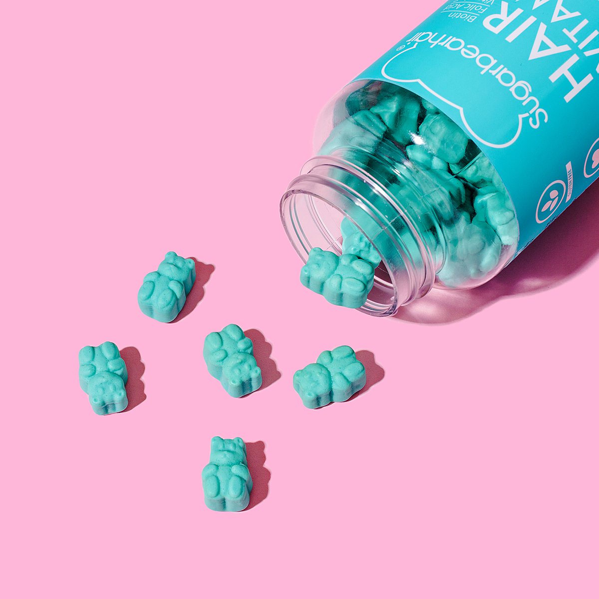 Cute colourful content creation for SugarBearHair vitamin supplements. Styled product stills photography by Marianne Taylor.