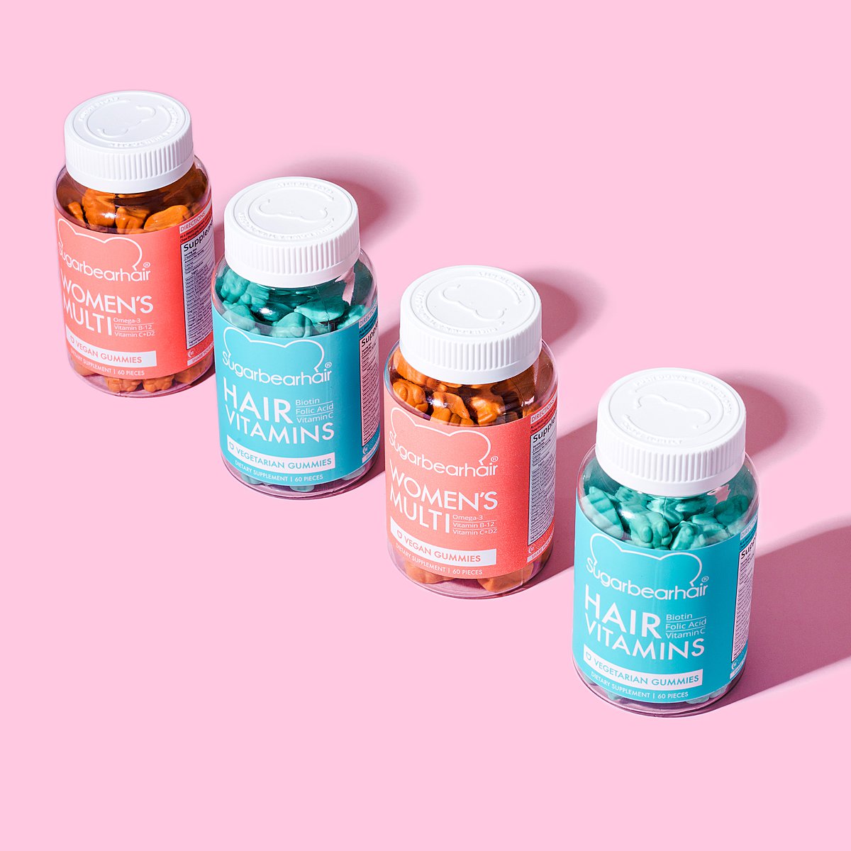 Cute colourful content creation for SugarBearHair vitamin supplements. Styled product stills photography by Marianne Taylor.