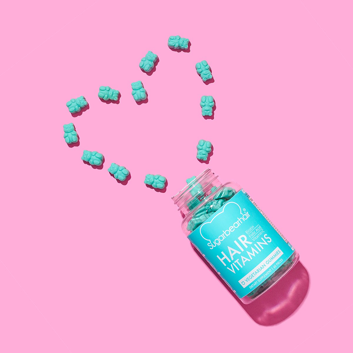 Cute colourful content creation for SugarBearHair vitamin supplements. Styled product stills photography by Marianne Taylor.