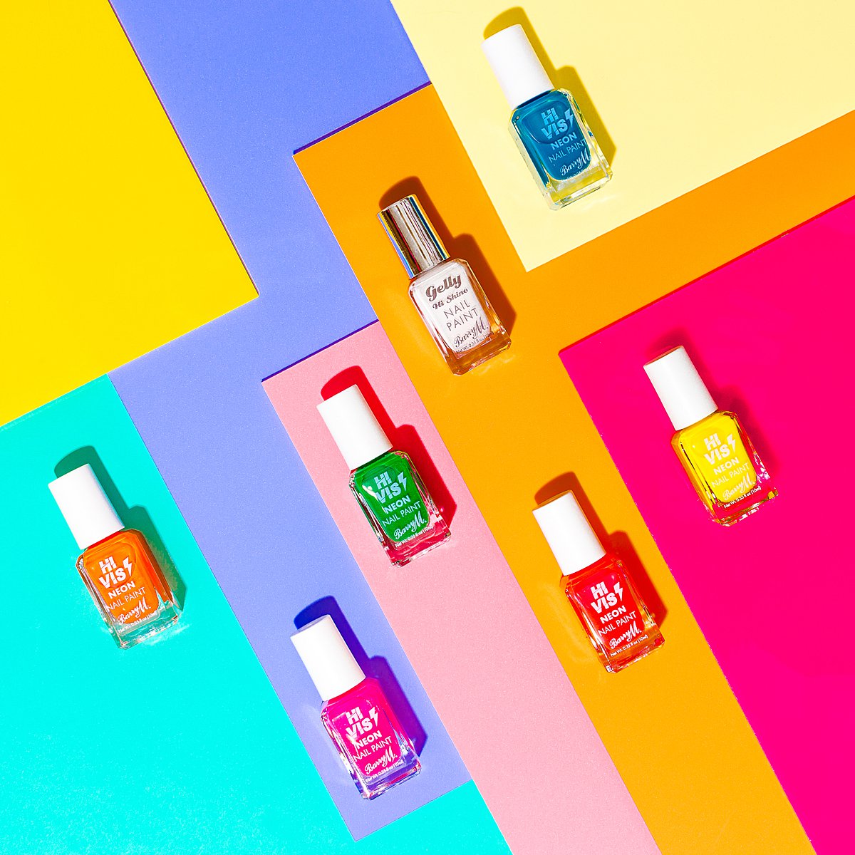Fun colourful beauty product content creation for Barry M cosmetics. Styled makeup product stills photography by Marianne Taylor.