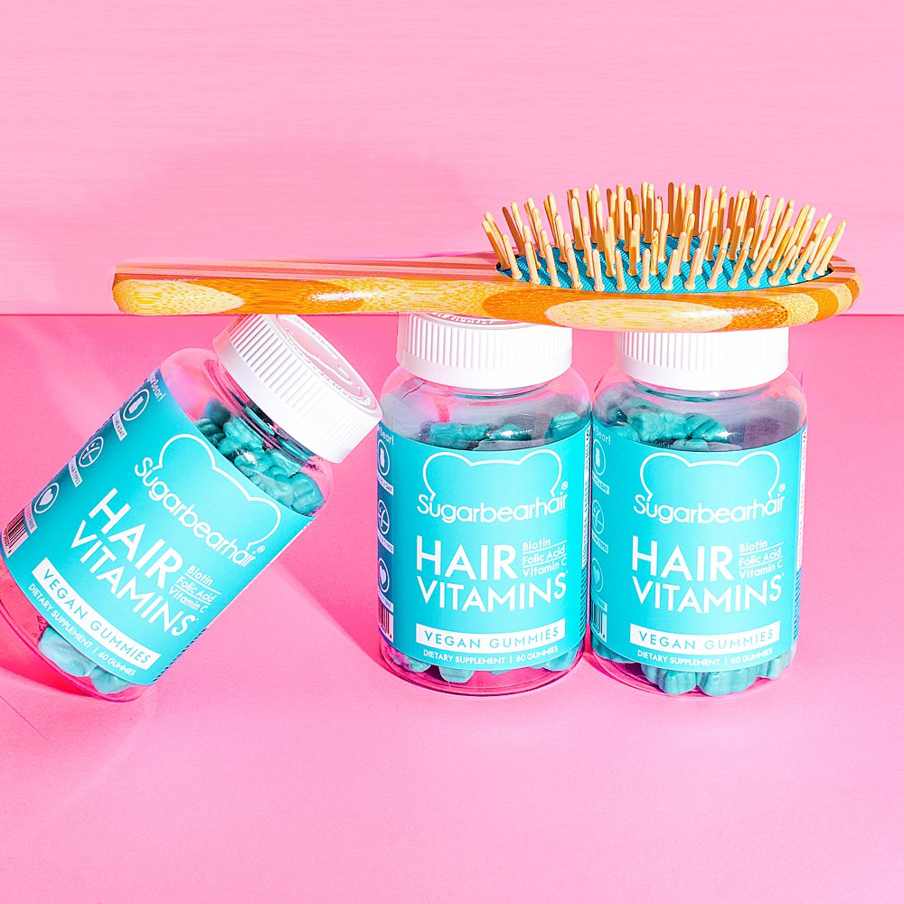 Colour-filled beauty product content creation for Sugarbearhair vitamins. Styled health product stills photography by Marianne Taylor.