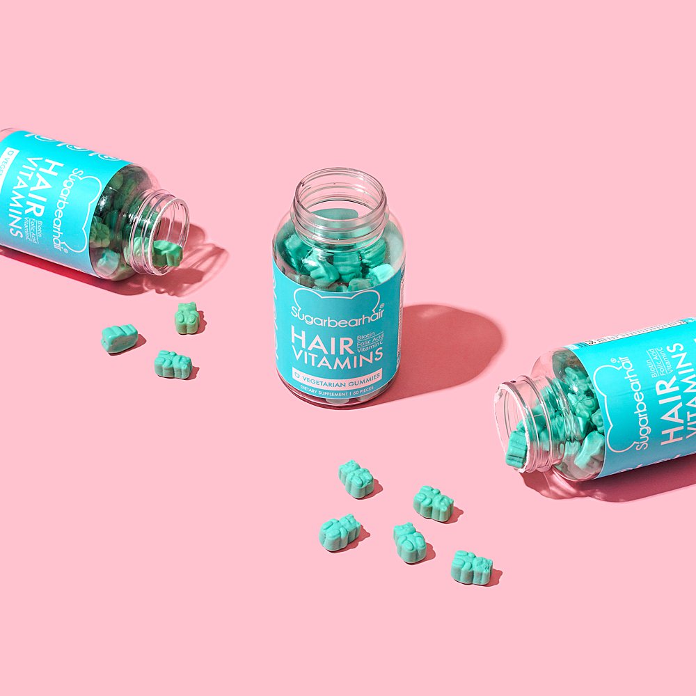 Colour-filled beauty product content creation for Sugarbearhair vitamins. Styled health product stills photography by Marianne Taylor.