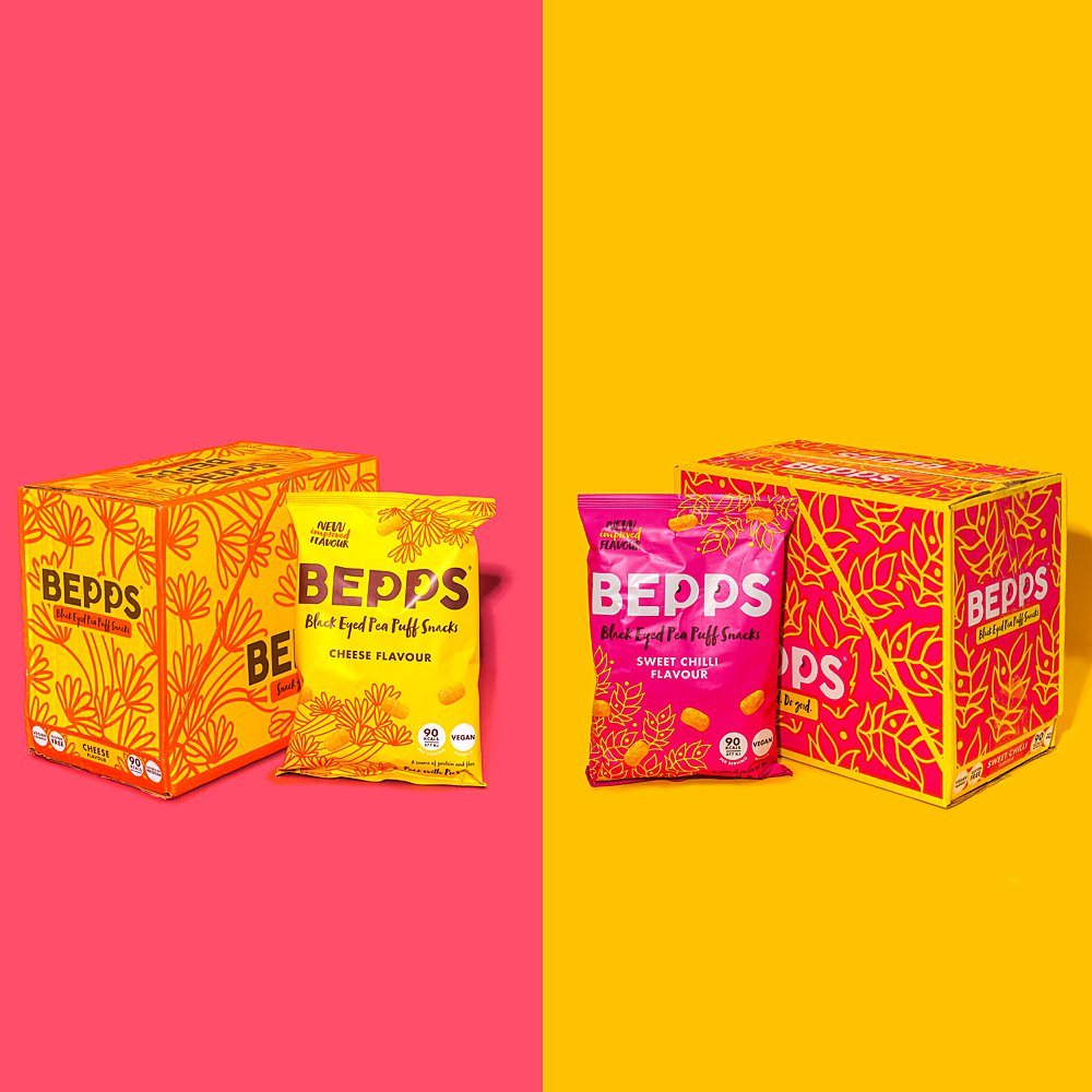 Colour-filled health product content creation for Bepps Snacks. Styled vegan snacks stills photography by Marianne Taylor.