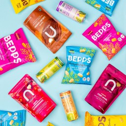 Colour-filled health product content creation for Bepps Snacks. Styled vegan snacks stills photography by Marianne Taylor.