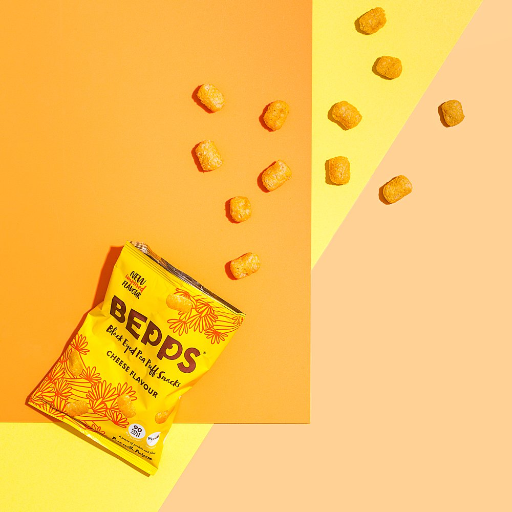 Colour-filled health product content creation for Bepps Snacks. Styled vegan snacks stills photography by Marianne Taylor.