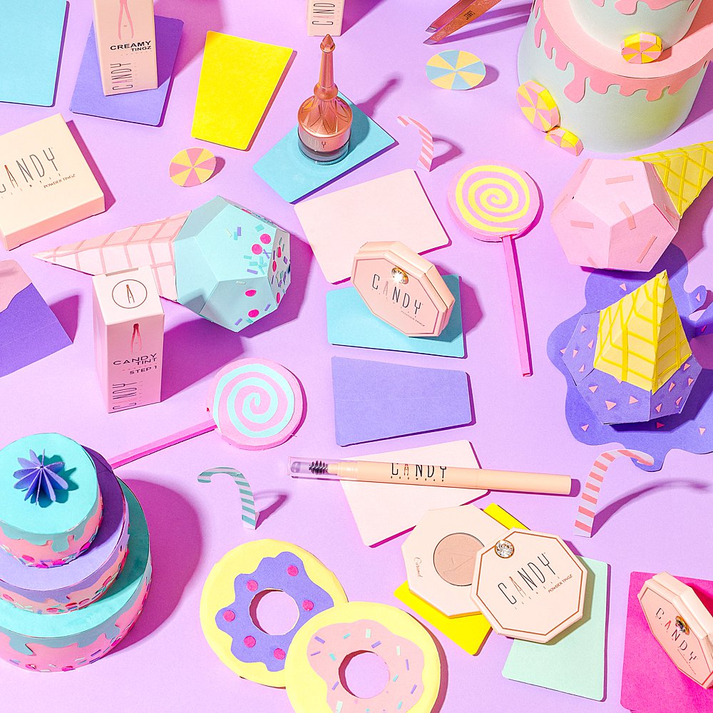 Candyland product still life photography & stop motion animation for Candy Brow Bar beauty products. Product photography & styling by Marianne Taylor.