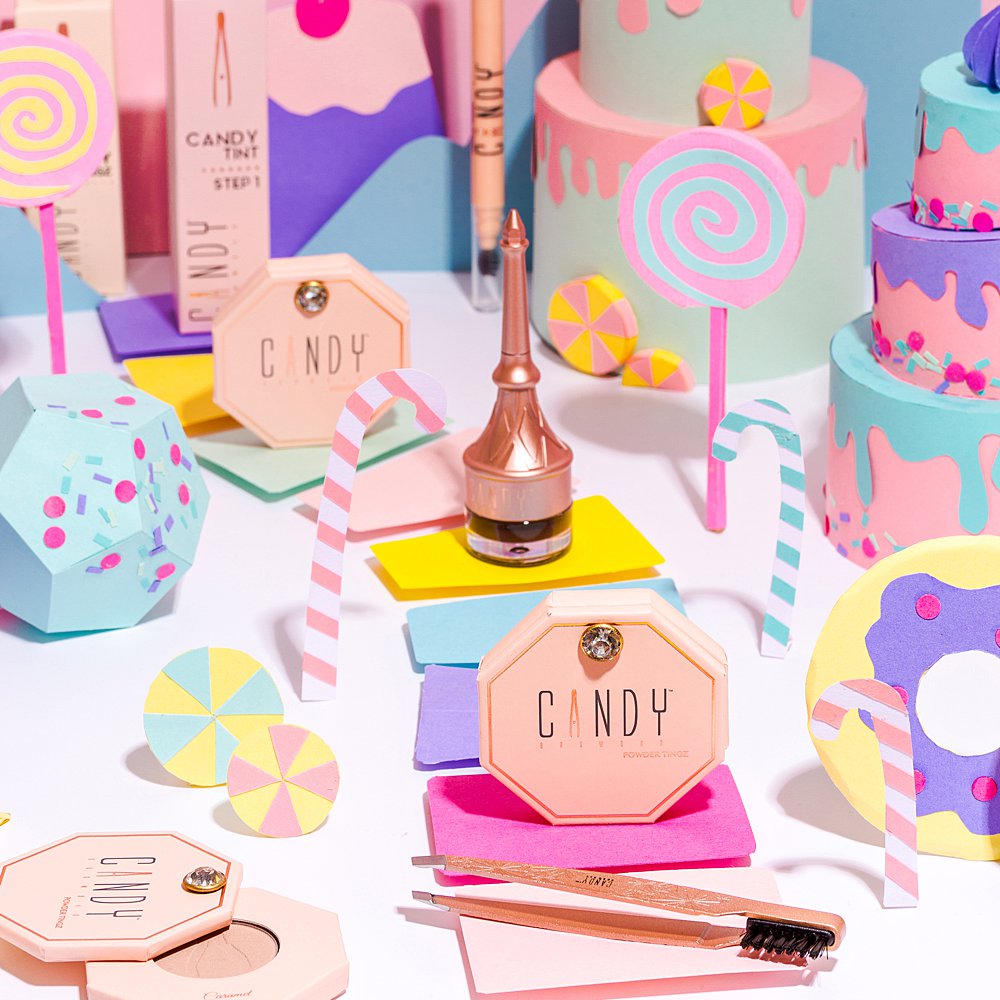 Candyland product still life photography & stop motion animation for Candy Brow Bar beauty products. Product photography & styling by Marianne Taylor.