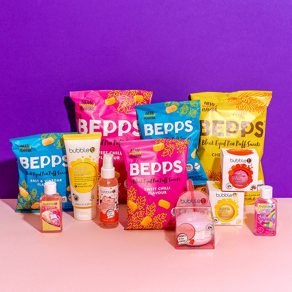 Colour-filled health product content creation for Bepps Snacks. Styled vegan snacks stills photography by Marianne Taylor.