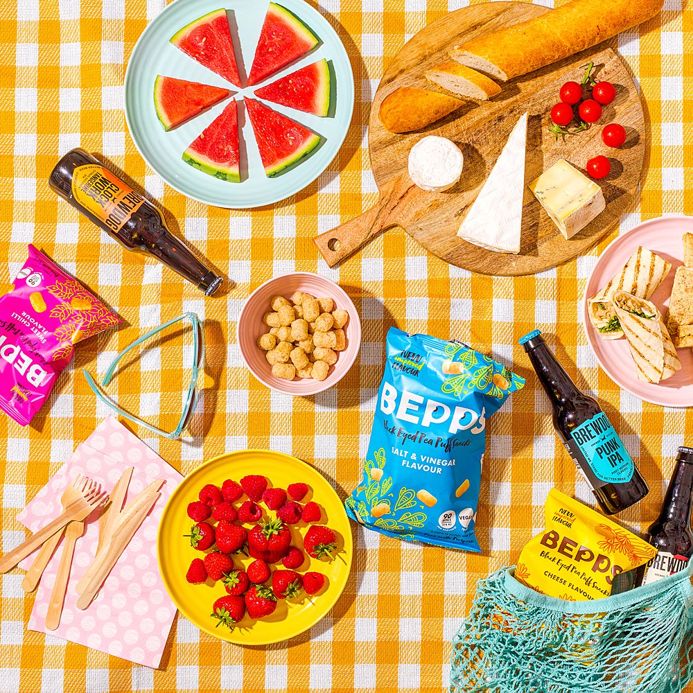 Colour-filled health product content creation for Bepps Snacks. Styled vegan snacks stills photography by Marianne Taylor.