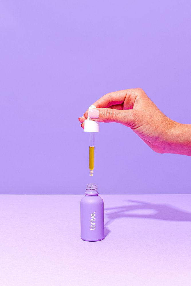 Colourful content creation for Thrive CBD oil. Styled stills and lifestyle product photography by Marianne Taylor.