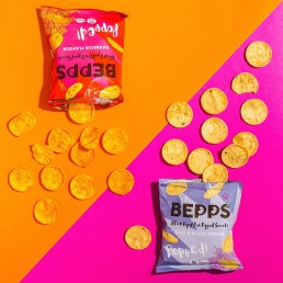 Colourful health product content creation for Bepps Snacks. Colour-filled styled vegan snacks stills photography by Marianne Taylor.