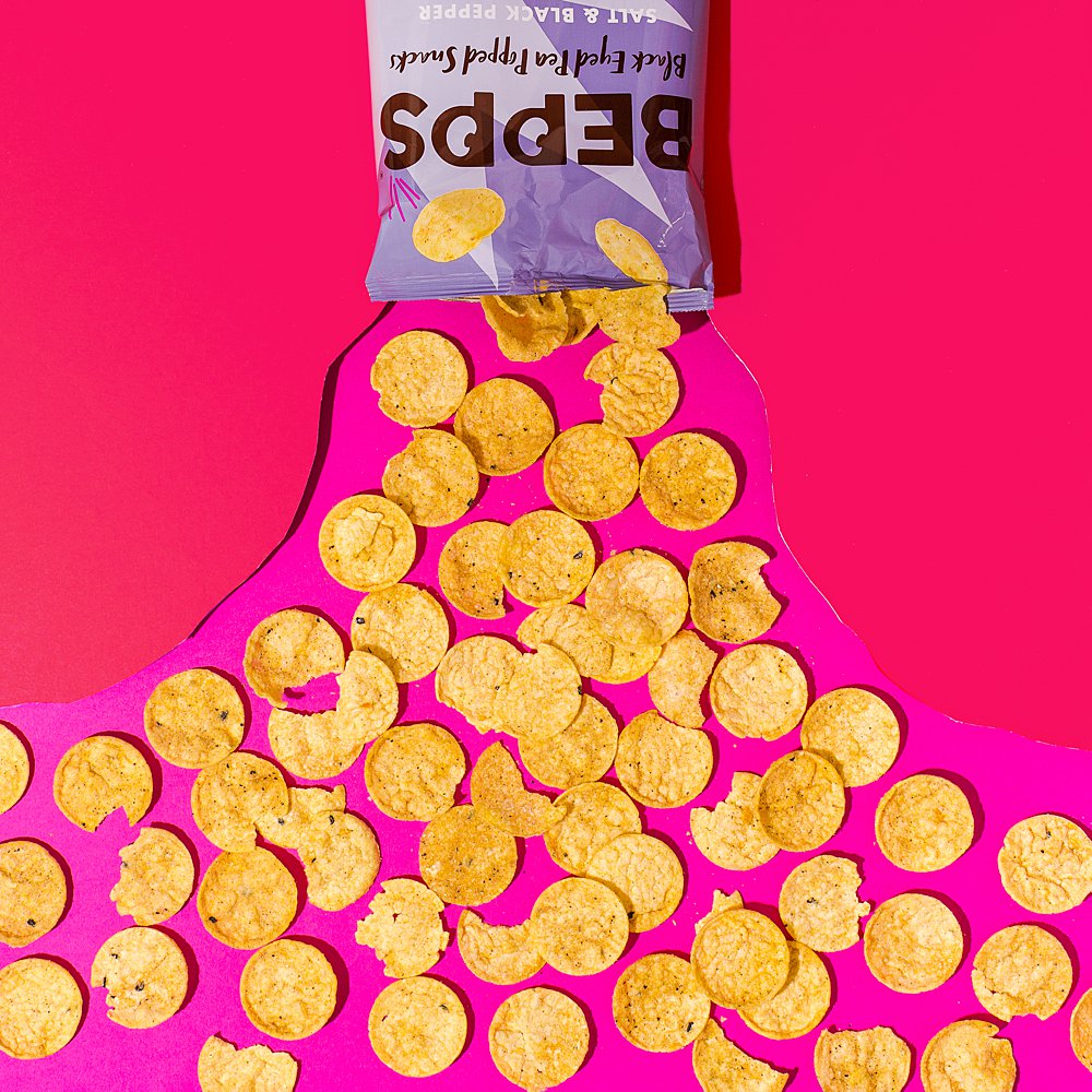 Colourful health product content creation for Bepps Snacks. Colour-filled styled vegan snacks stills photography by Marianne Taylor.