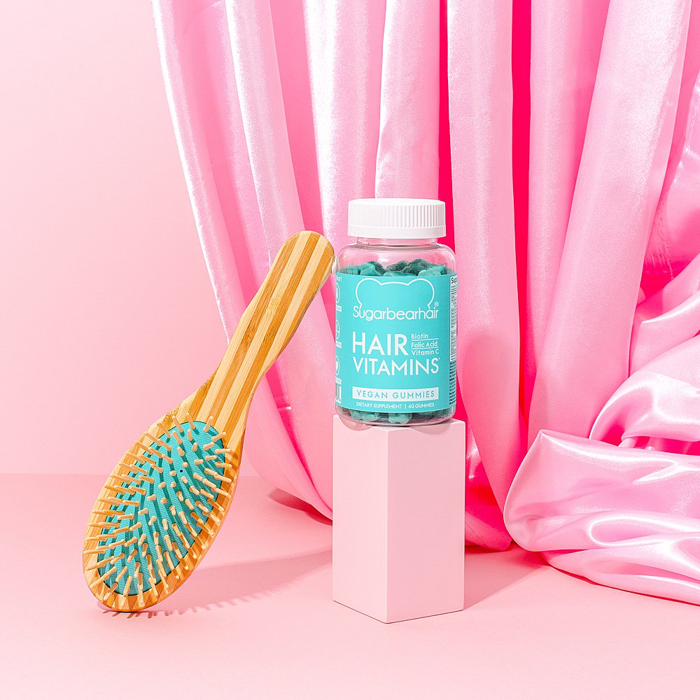 Colour-filled beauty product content creation for Sugarbearhair vitamins. Styled health product stills photography by Marianne Taylor.