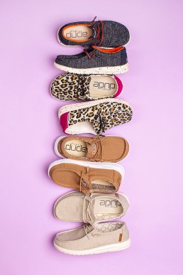 Fun product photography for Hey Dude Shoes. Styled product stills photography by Marianne Taylor.